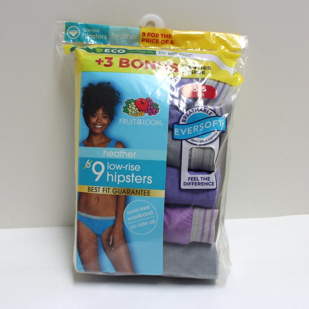 9 Pair Size 5/S New Fruit of the Loom Heather Low Rise Hipster Panties